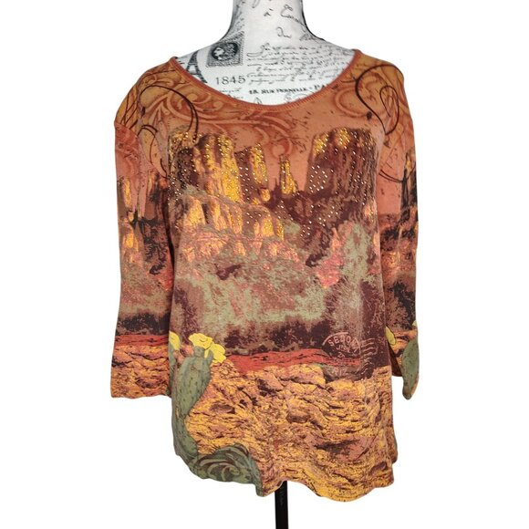 Cactus Bay Sedona 3/4 Sleeve Medium Top, Red Rocks, Desert Arizona Rhinestone - Picture 1 of 5
